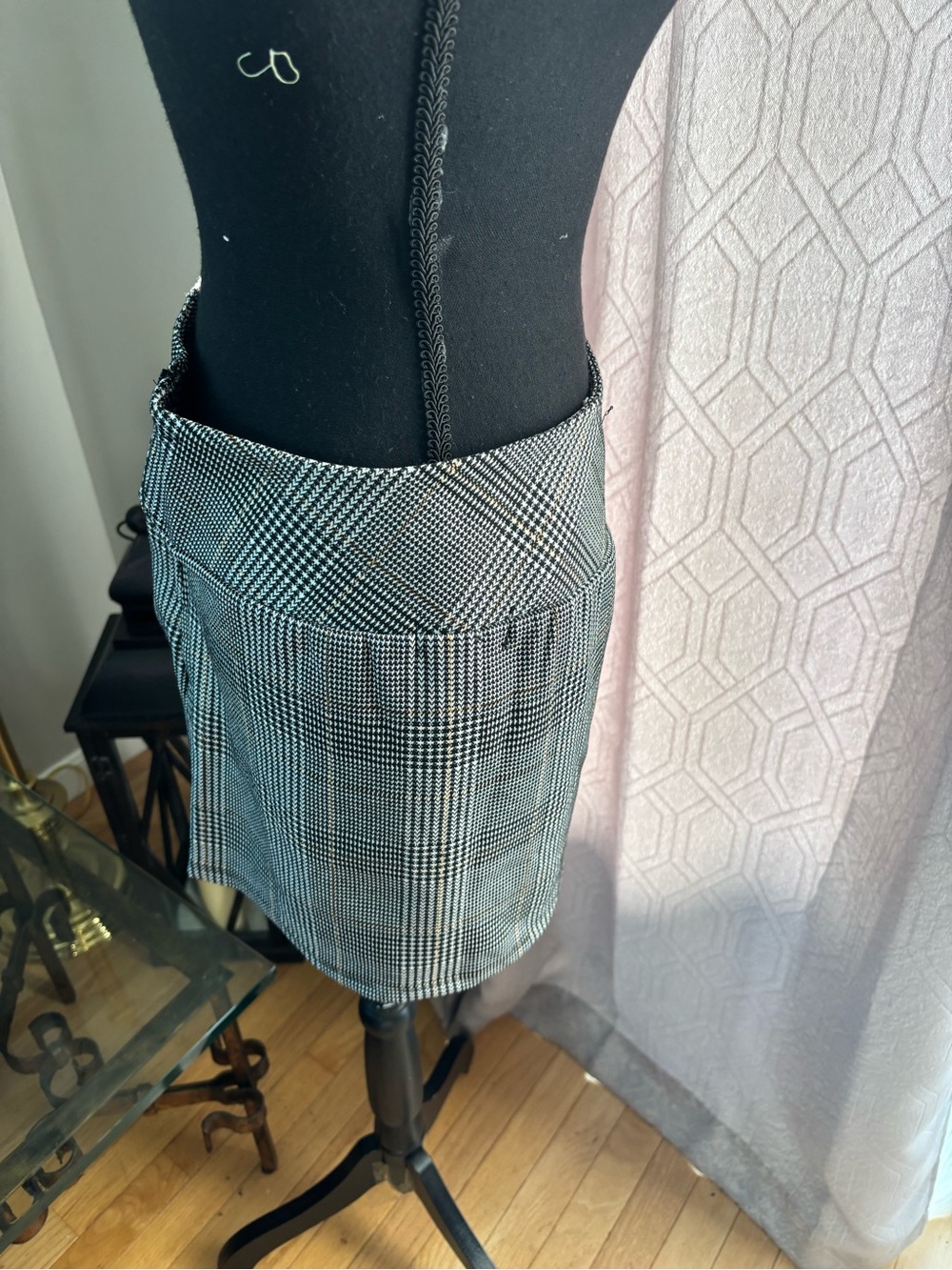 Altar'd State Black & Gray Plaid Pleated Mini Skirt with Subtle Tan Stripe - Picture 4 of 12
